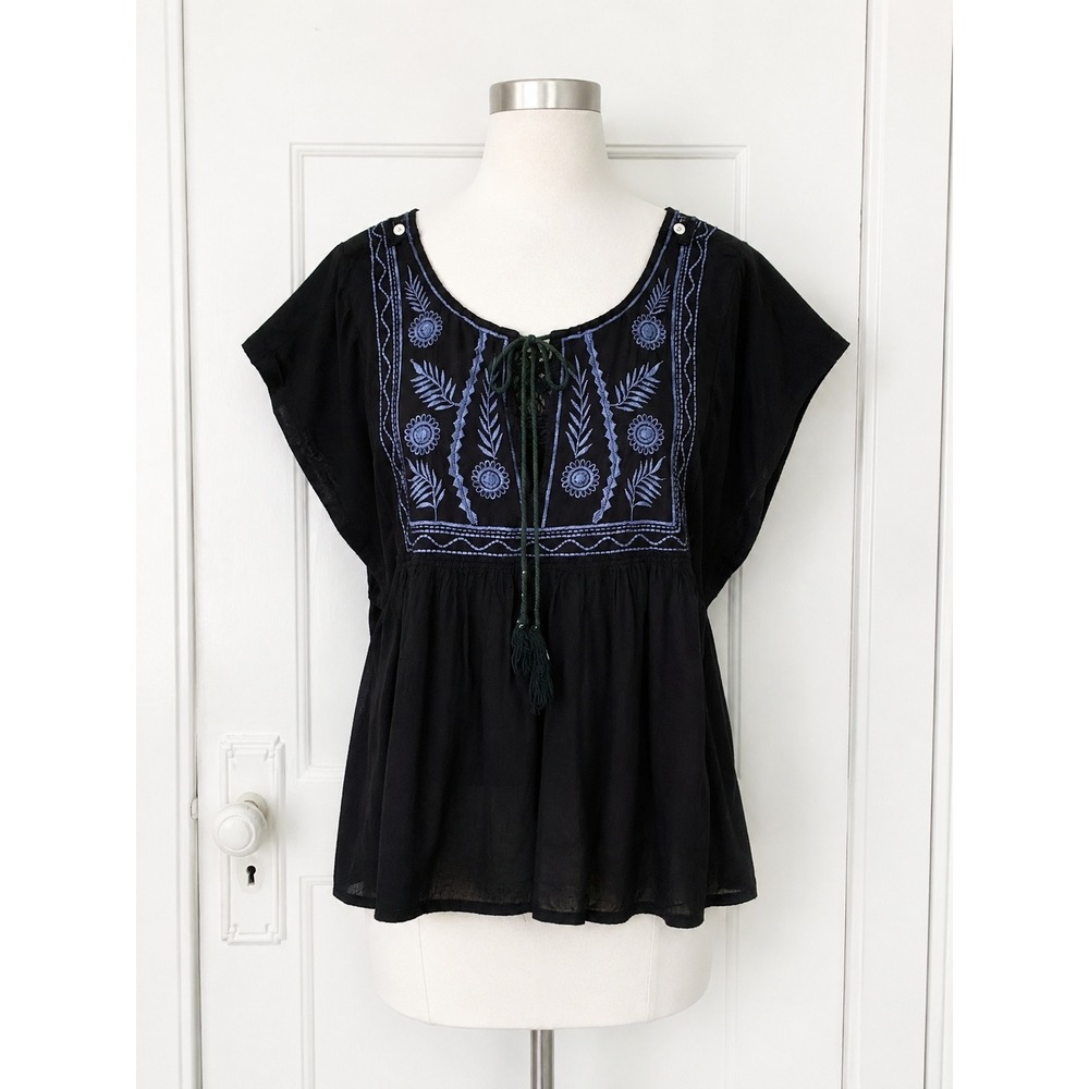 Vintage Havana Black Gauzy Embroidered‎ Peasant Babydoll Top M Boho Cottagecore